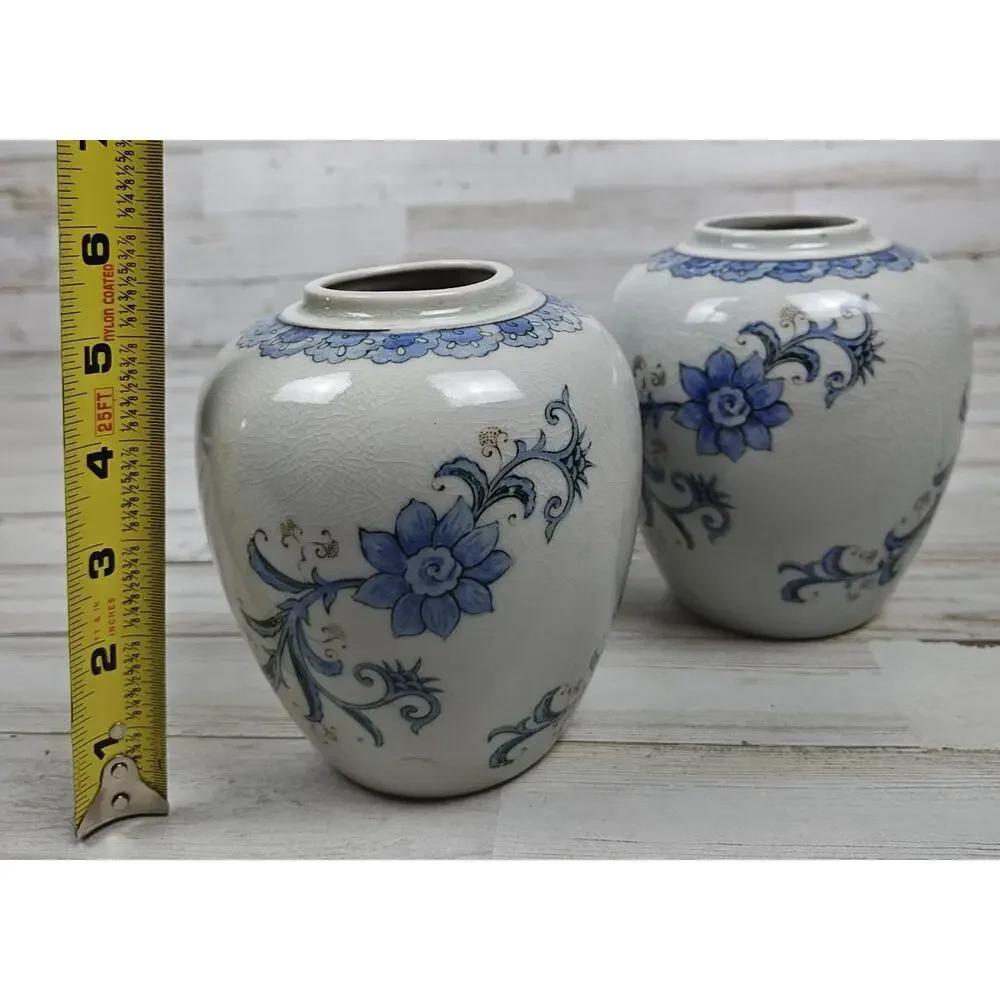 Andrea by Sadek Blue Floral Ginger Jar Vases Pair Japan White Porcelain No Lids